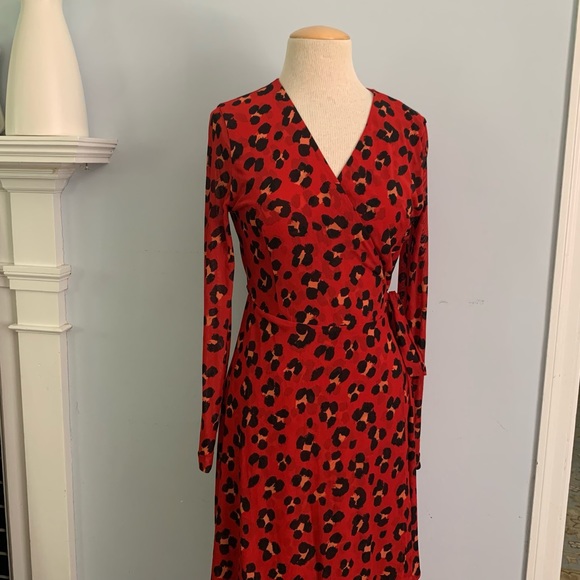 CAbi red animal print wrap dress, “Siren” Style mesh cheetah leopard print, Sz M - Picture 2 of 13